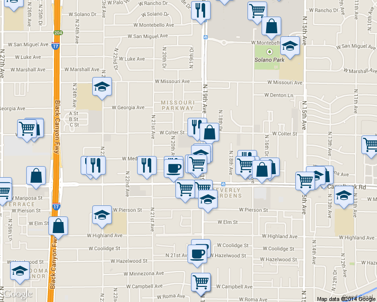 map of restaurants, bars, coffee shops, grocery stores, and more near 5060 North 19th Avenue in Phoenix