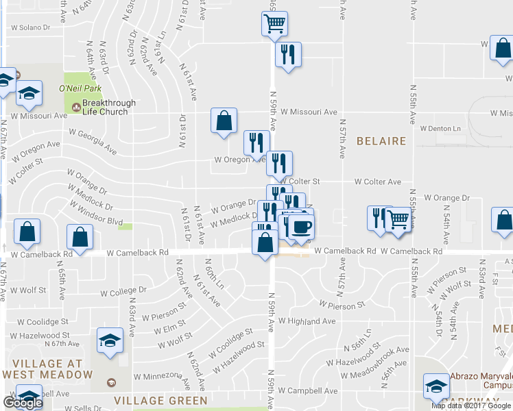 map of restaurants, bars, coffee shops, grocery stores, and more near 5932 West Medlock Drive in Glendale