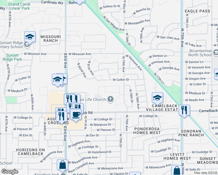 map of restaurants, bars, coffee shops, grocery stores, and more near 8012 West Camelback Road in Glendale