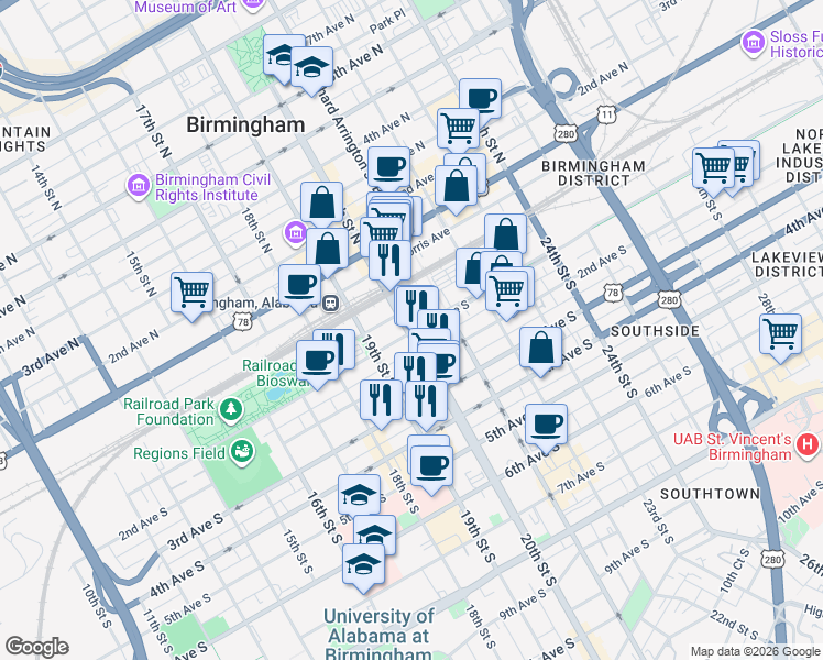 map of restaurants, bars, coffee shops, grocery stores, and more near 105 20th Street South in Birmingham
