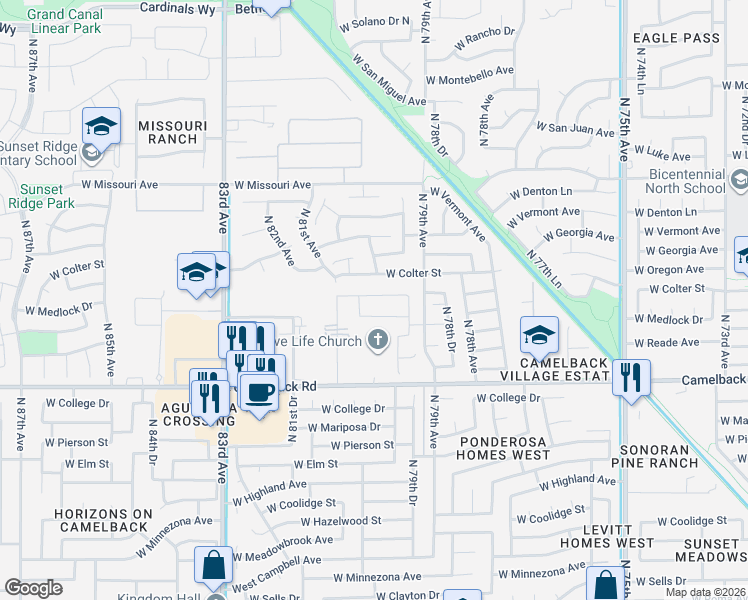 map of restaurants, bars, coffee shops, grocery stores, and more near 8012 West Camelback Road in Glendale