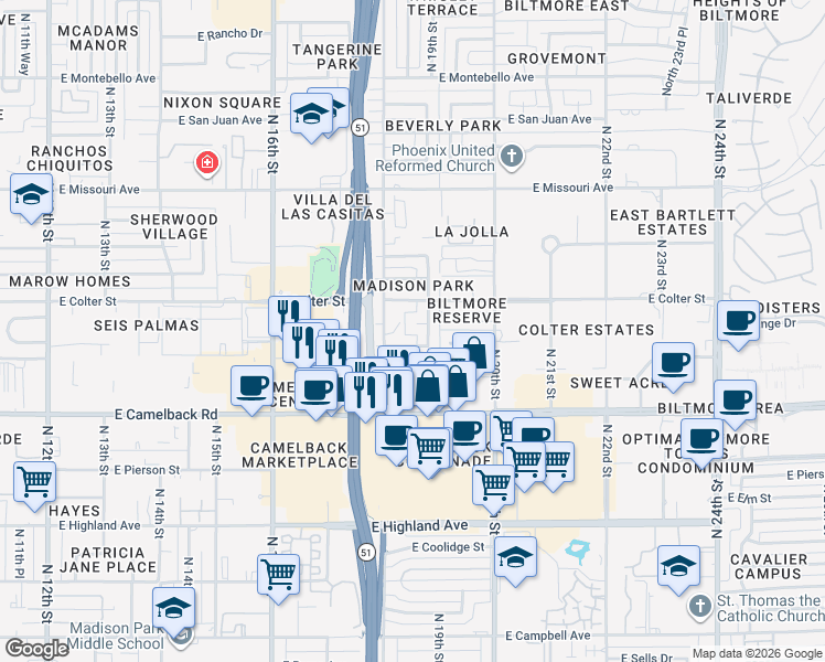 map of restaurants, bars, coffee shops, grocery stores, and more near 1814 East Medlock Drive in Phoenix