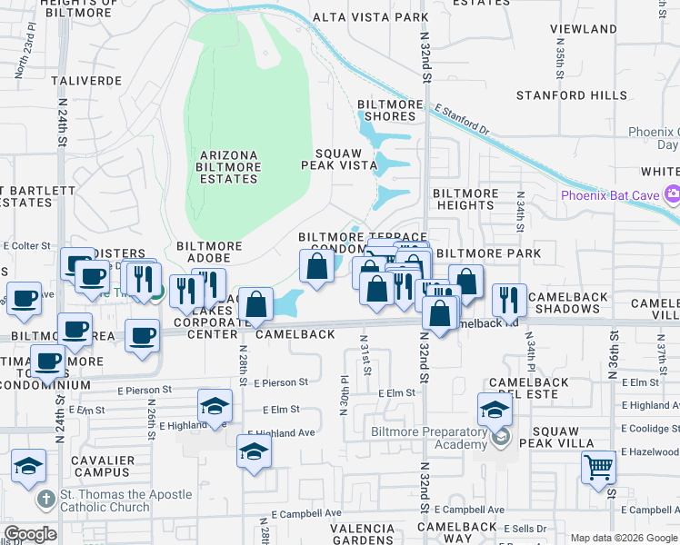 map of restaurants, bars, coffee shops, grocery stores, and more near 3020 East Camelback Road in Phoenix