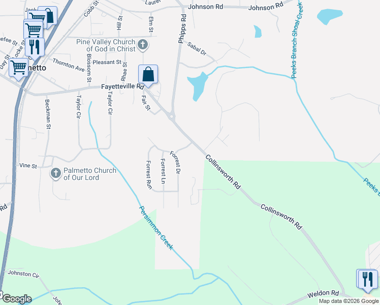 map of restaurants, bars, coffee shops, grocery stores, and more near 445 Collinsworth Road in Palmetto