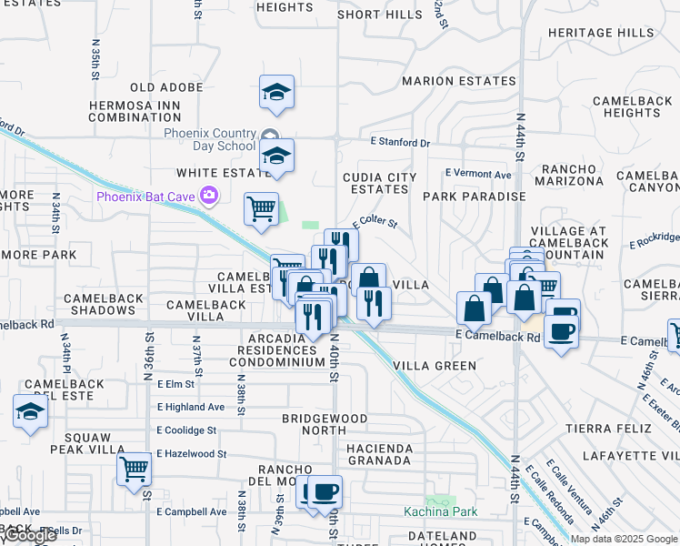 map of restaurants, bars, coffee shops, grocery stores, and more near 5111 North 40th Street in Phoenix