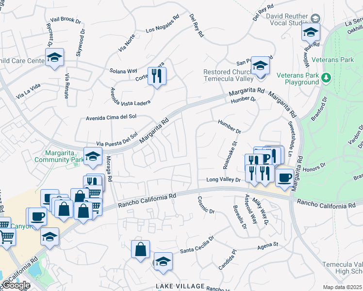 map of restaurants, bars, coffee shops, grocery stores, and more near 42113-42123 Acacia Way in Temecula