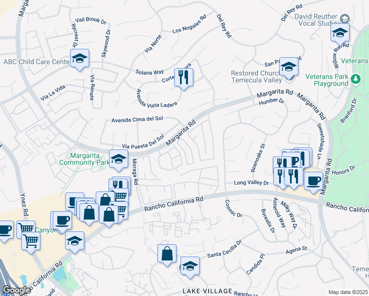 map of restaurants, bars, coffee shops, grocery stores, and more near 42112 Veneto Drive in Temecula