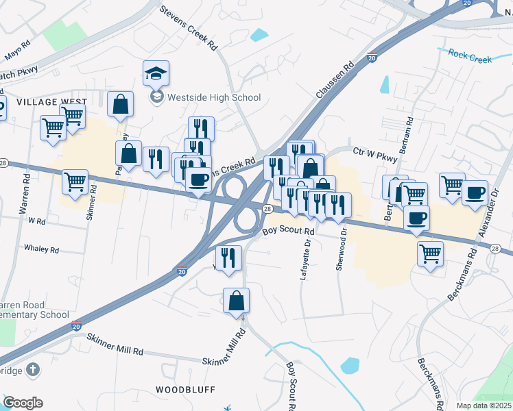 map of restaurants, bars, coffee shops, grocery stores, and more near 2916 Washington Road in Augusta