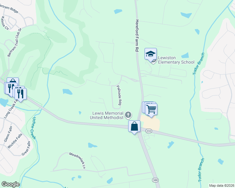 map of restaurants, bars, coffee shops, grocery stores, and more near 214 Palisade Ridge in Evans
