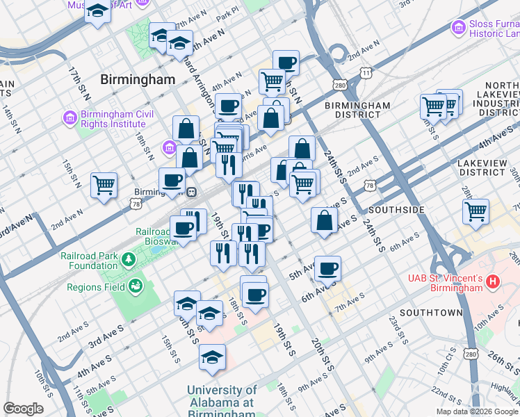 map of restaurants, bars, coffee shops, grocery stores, and more near 105 20th Street South in Birmingham