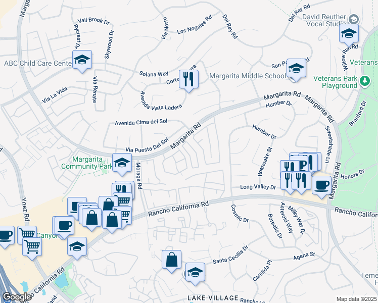 map of restaurants, bars, coffee shops, grocery stores, and more near 42060 Veneto Drive in Temecula