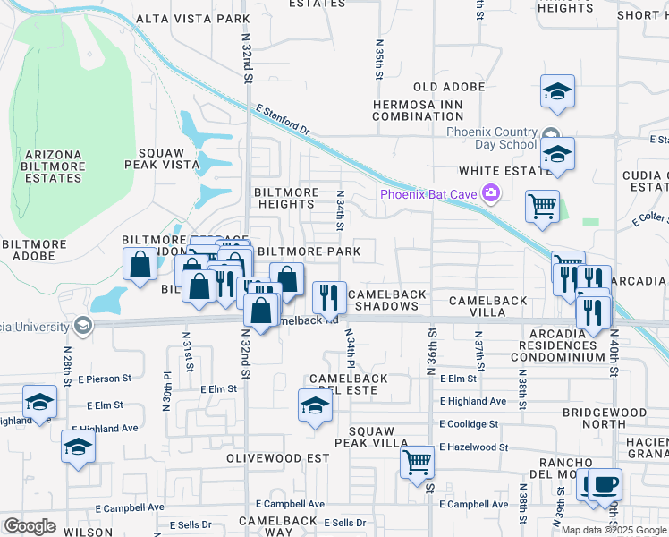map of restaurants, bars, coffee shops, grocery stores, and more near 3319 East Medlock Drive in Phoenix