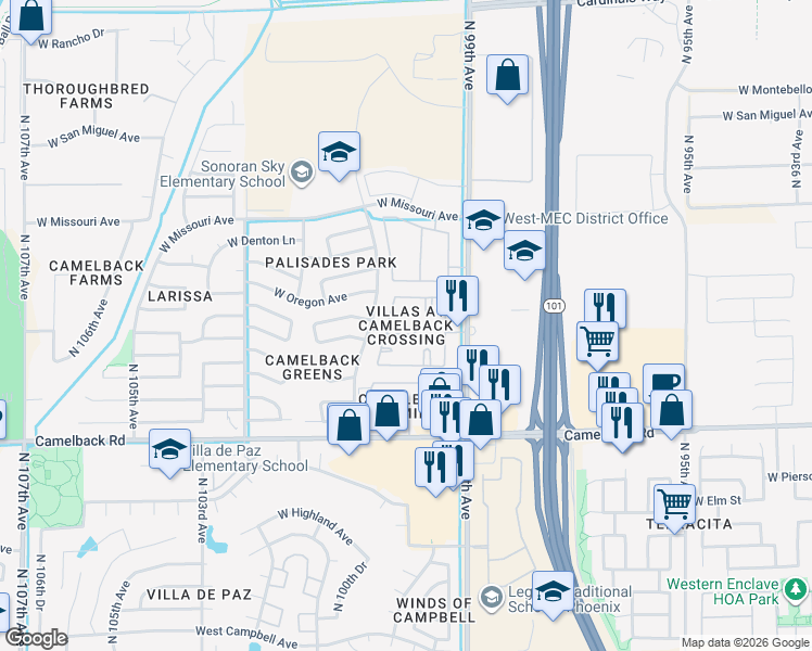 map of restaurants, bars, coffee shops, grocery stores, and more near 5150 North 99th Avenue in Glendale
