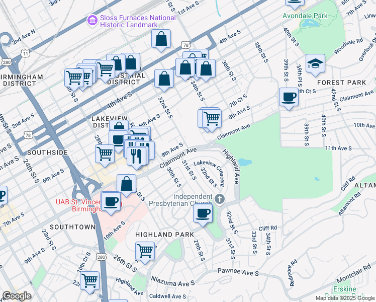 map of restaurants, bars, coffee shops, grocery stores, and more near 3101 Clairmont Avenue in Birmingham