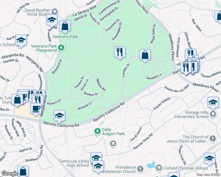 map of restaurants, bars, coffee shops, grocery stores, and more near 41992 Niblick Road in Temecula