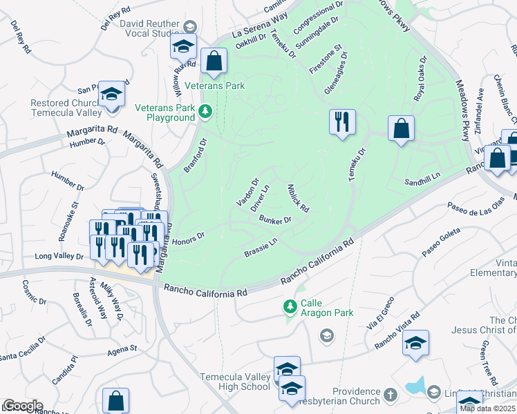 map of restaurants, bars, coffee shops, grocery stores, and more near 30911 Putter Circle in Temecula