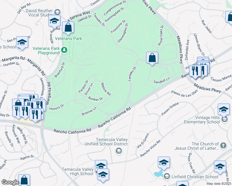 map of restaurants, bars, coffee shops, grocery stores, and more near 41992 Niblick Road in Temecula