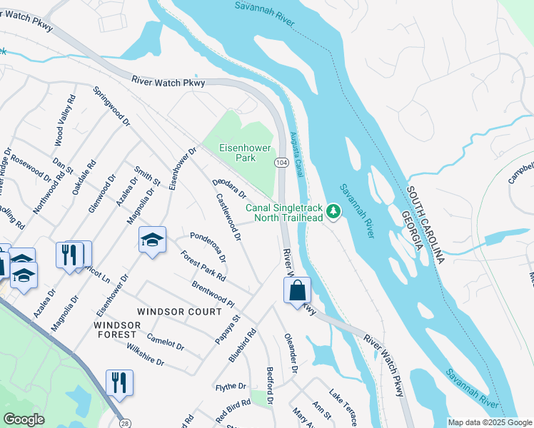 map of restaurants, bars, coffee shops, grocery stores, and more near 2442 Riverlook Drive in Augusta