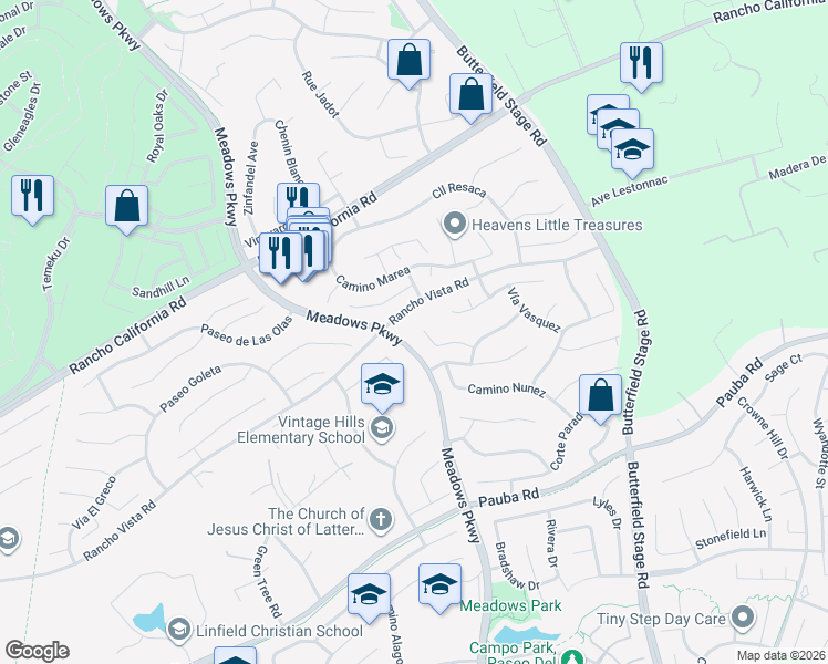 map of restaurants, bars, coffee shops, grocery stores, and more near 41813 Corte Valentine in Temecula