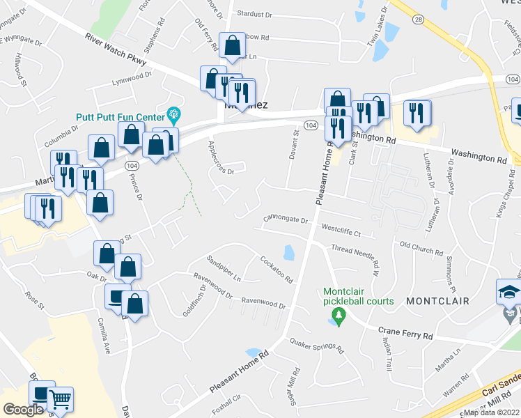 map of restaurants, bars, coffee shops, grocery stores, and more near 2222 Pleasant Drive in Augusta
