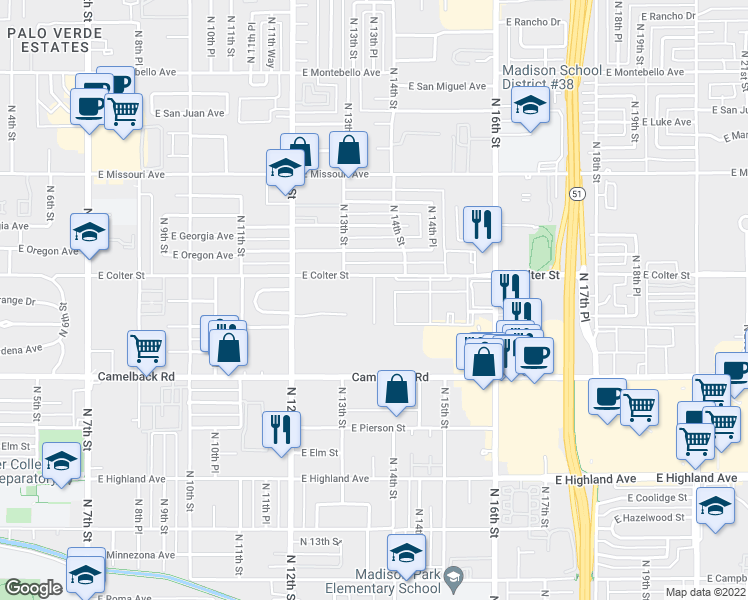map of restaurants, bars, coffee shops, grocery stores, and more near 5124 North 13th Place in Phoenix