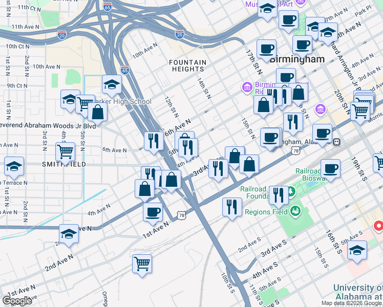map of restaurants, bars, coffee shops, grocery stores, and more near 1129 4th Avenue North in Birmingham