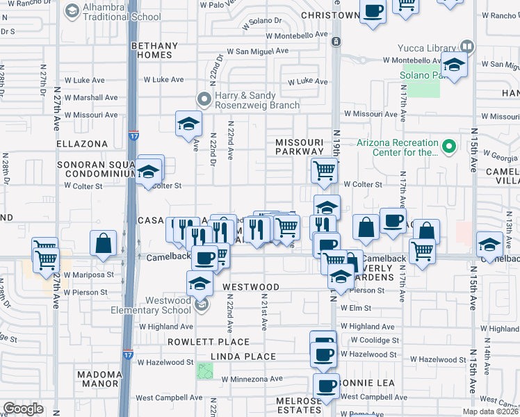 map of restaurants, bars, coffee shops, grocery stores, and more near 5110 North 21st Avenue in Phoenix