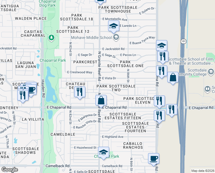 map of restaurants, bars, coffee shops, grocery stores, and more near 8437 East Orange Blossom Lane in Scottsdale