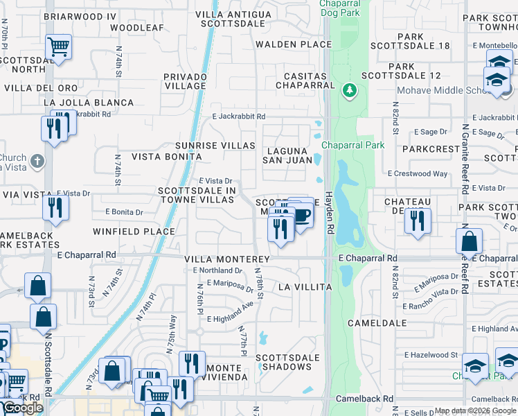 map of restaurants, bars, coffee shops, grocery stores, and more near 7736 East Medlock Drive in Scottsdale