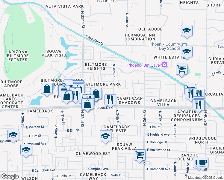 map of restaurants, bars, coffee shops, grocery stores, and more near 3319 East Medlock Drive in Phoenix