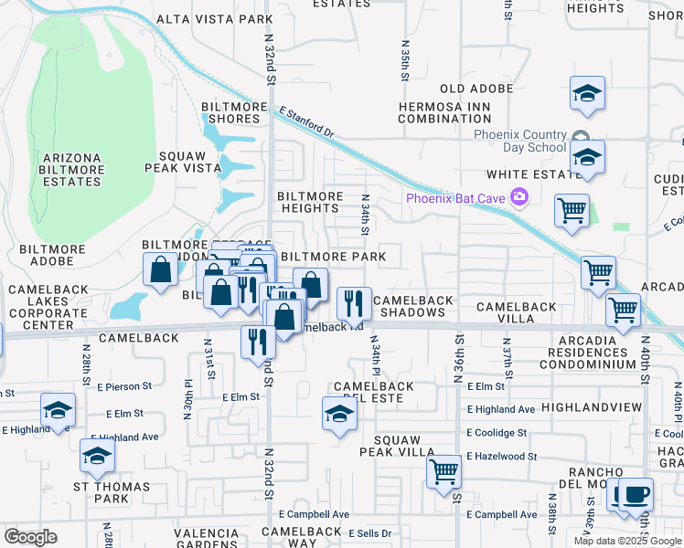 map of restaurants, bars, coffee shops, grocery stores, and more near 3319 East Medlock Drive in Phoenix