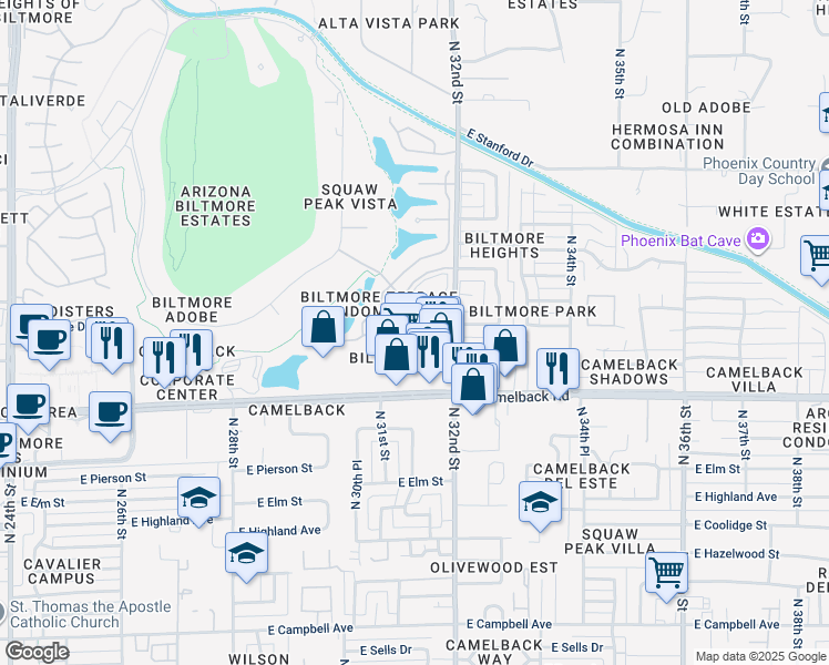 map of restaurants, bars, coffee shops, grocery stores, and more near 3160 East Camelback Road in Phoenix