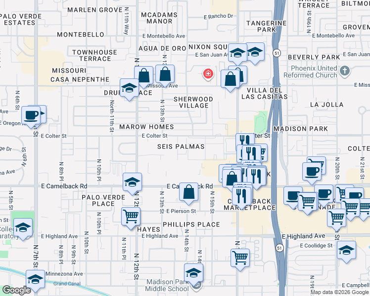 map of restaurants, bars, coffee shops, grocery stores, and more near 5128 North 15th Street in Phoenix
