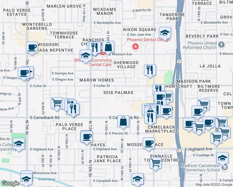 map of restaurants, bars, coffee shops, grocery stores, and more near 5124 North 13th Place in Phoenix