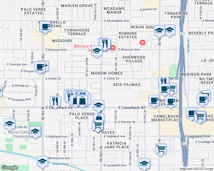 map of restaurants, bars, coffee shops, grocery stores, and more near 5115 North 12th Street in Phoenix