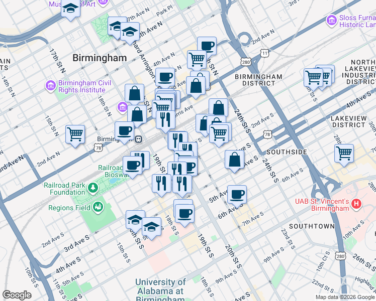 map of restaurants, bars, coffee shops, grocery stores, and more near 105 20th Street South in Birmingham