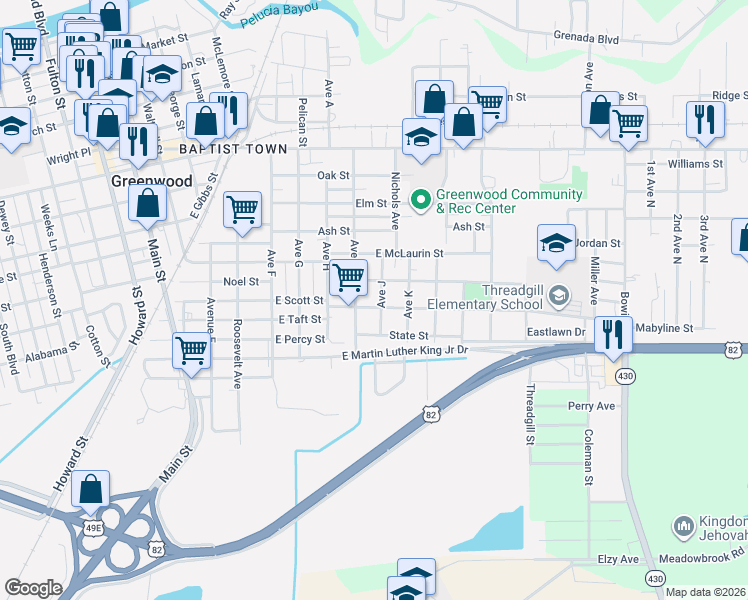 map of restaurants, bars, coffee shops, grocery stores, and more near 701 Avenue J in Greenwood