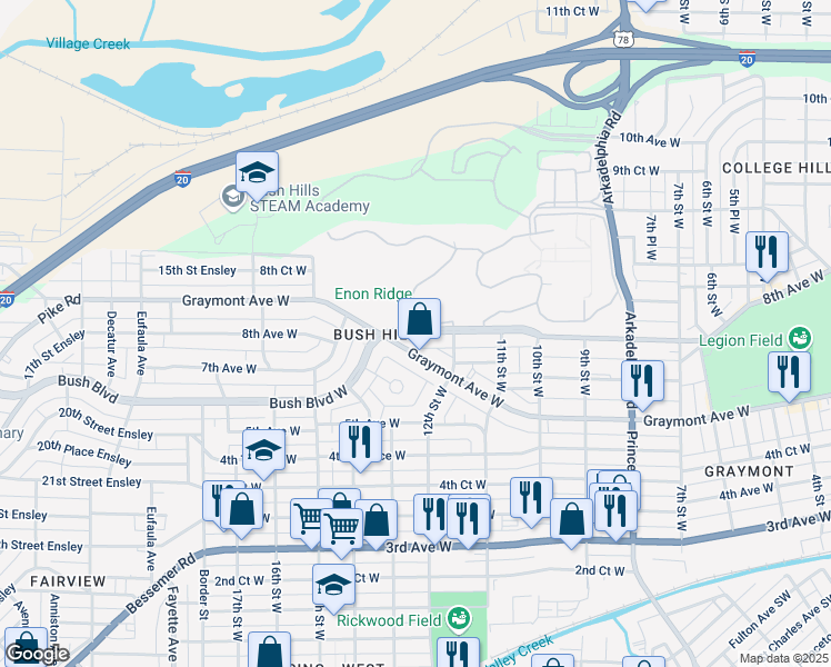 map of restaurants, bars, coffee shops, grocery stores, and more near 1227 8th Avenue West in Birmingham