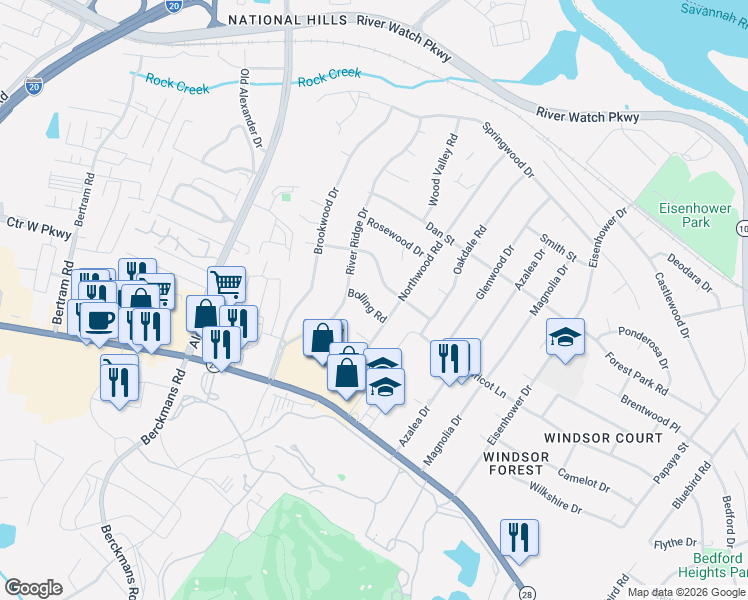map of restaurants, bars, coffee shops, grocery stores, and more near 2701 Bolling Road in Augusta