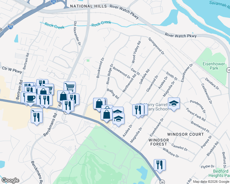 map of restaurants, bars, coffee shops, grocery stores, and more near 2701 Bolling Road in Augusta