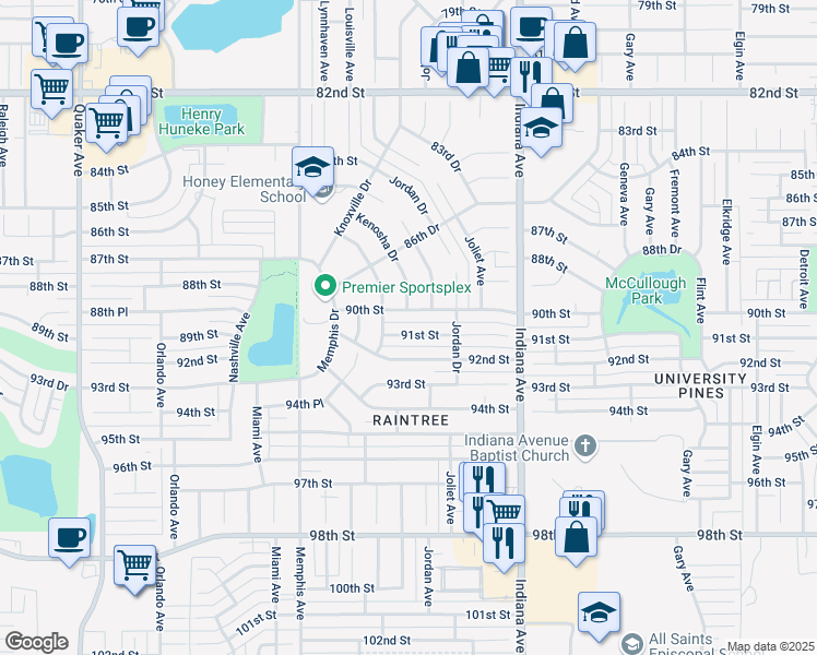 map of restaurants, bars, coffee shops, grocery stores, and more near 3515 91st Street in Lubbock