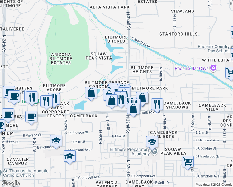 map of restaurants, bars, coffee shops, grocery stores, and more near 3160 East Camelback Road in Phoenix