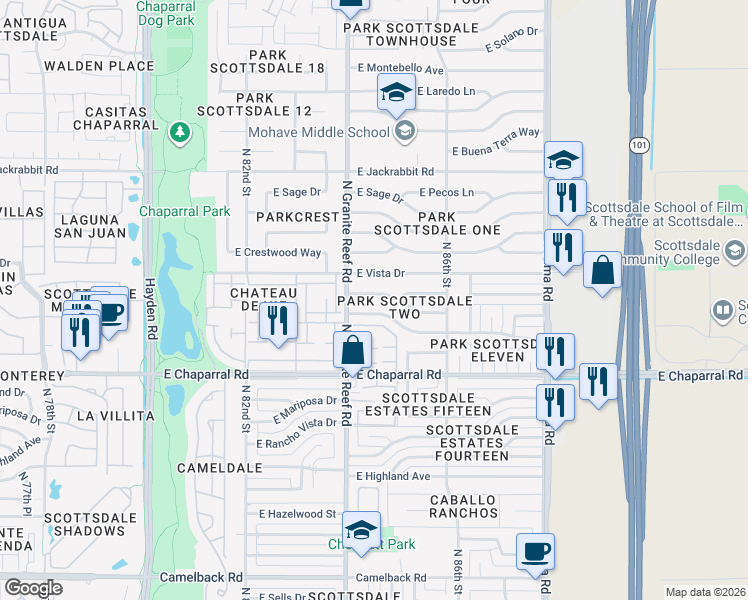 map of restaurants, bars, coffee shops, grocery stores, and more near 8437 East Orange Blossom Lane in Scottsdale