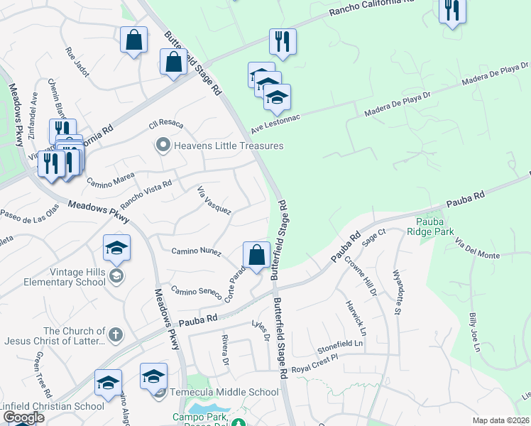 map of restaurants, bars, coffee shops, grocery stores, and more near 32388 Corte Palacio in Temecula