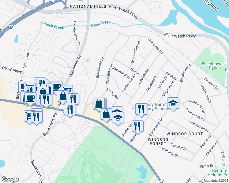 map of restaurants, bars, coffee shops, grocery stores, and more near 2705 Bolling Road in Augusta