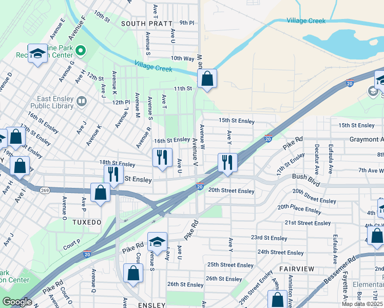 map of restaurants, bars, coffee shops, grocery stores, and more near 1710 Avenue V in Birmingham