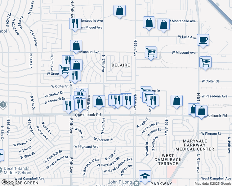 map of restaurants, bars, coffee shops, grocery stores, and more near 5039 North 57th Avenue in Glendale