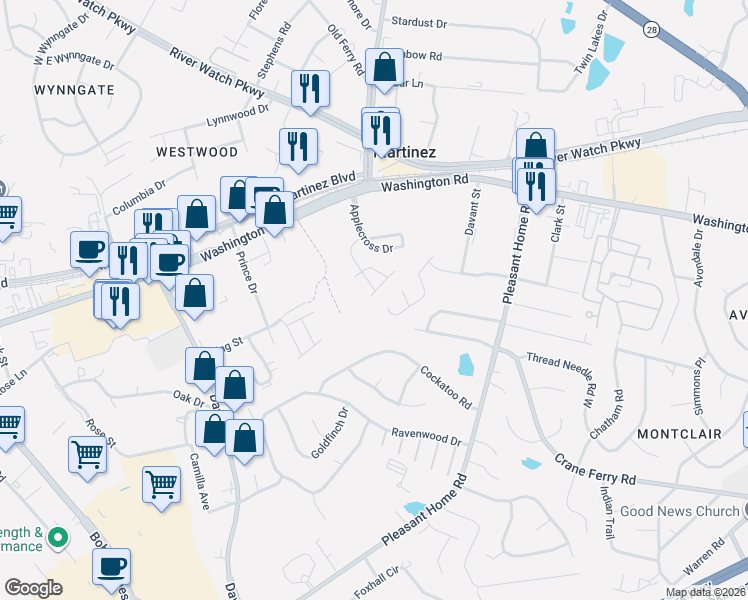 map of restaurants, bars, coffee shops, grocery stores, and more near 2204 Pleasant Drive in Augusta