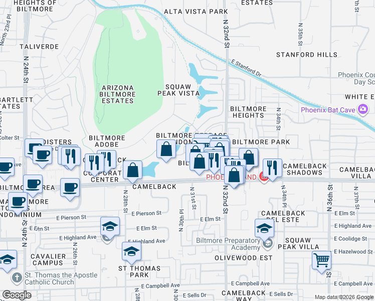 map of restaurants, bars, coffee shops, grocery stores, and more near 3020 East Camelback Road in Phoenix