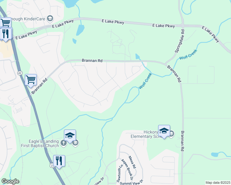 map of restaurants, bars, coffee shops, grocery stores, and more near 1052 Arbor Way in McDonough